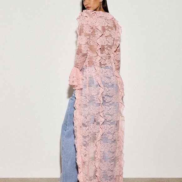 Baby Pink Sexy Women's Boho Lace Ruffle Maxi Blouse - Picture 2 of 6